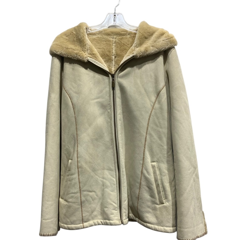 Marvin Richards Women's Beige Faux Suede Fur Lined Hooded Zip Up Jacket L